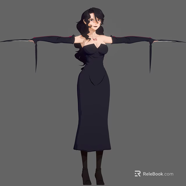 Woman With Long Black Hair Wearing Black Dress Necklace And Flowing Sleeves With Extended Arms 3d model 