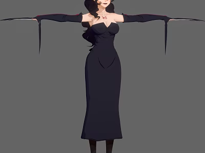Woman With Long Black Hair Wearing Black Dress Necklace And Flowing Sleeves With Extended Arms 3d model