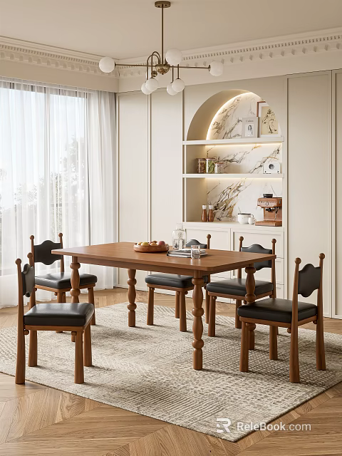 Cozy Modern Restaurant Interior With Wooden Dining Table Black Chairs Marble Shelf And Soft Lighting 3d model 