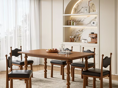 Cozy Modern Restaurant Interior With Wooden Dining Table Black Chairs Marble Shelf And Soft Lighting 3d model