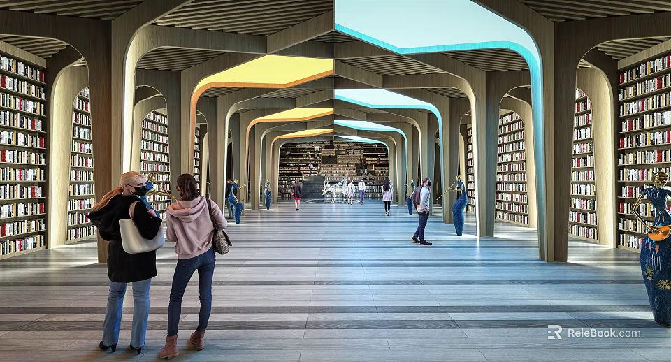 Spacious Library Art Interior Design With Bookshelves People And Artistic Lighting Arches 3d model 