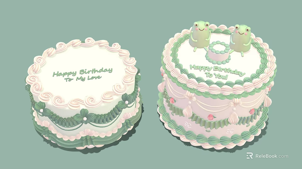 Delicious Birthday Cake With Green Pink Cream Borders And Frog Figurines 3d model 