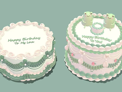 Delicious Birthday Cake With Green Pink Cream Borders And Frog Figurines 3d model
