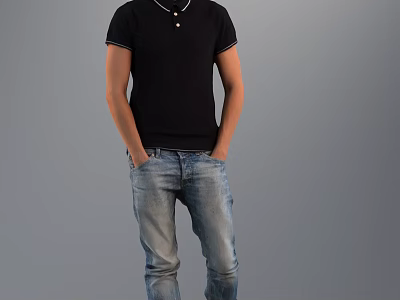 Man In Black Polo Shirt Blue Jeans With Hands In Pockets Standing Gray Background 3d model