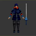 Man in Blue Outfit with Red Accents holding Long Sword Animated Character