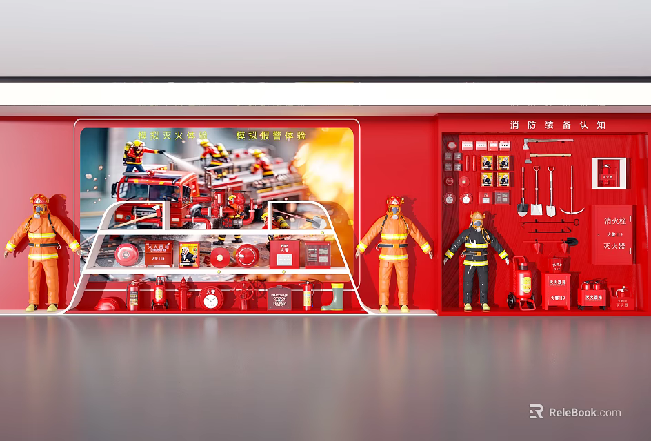 Red Fire Equipment Cabinet With Various Fire Fighting Tools And Firefighter Figurines 3d model 