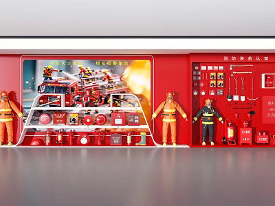 Red Fire Equipment Cabinet With Various Fire Fighting Tools And Firefighter Figurines 3d model