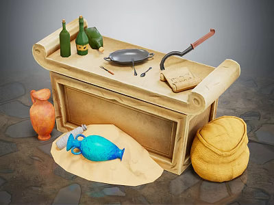 Vintage Cabinet Display with Green Bottles Frying Pan Tools Clay Vase Blue Bottle and Yellow Sack 3d model