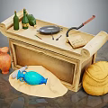 Vintage Cabinet Display with Green Bottles Frying Pan Tools Clay Vase Blue Bottle and Yellow Sack