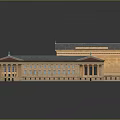 Classical Building Scenery With Symmetric Design Columns Roof And Brick Yellow Exterior Reflections