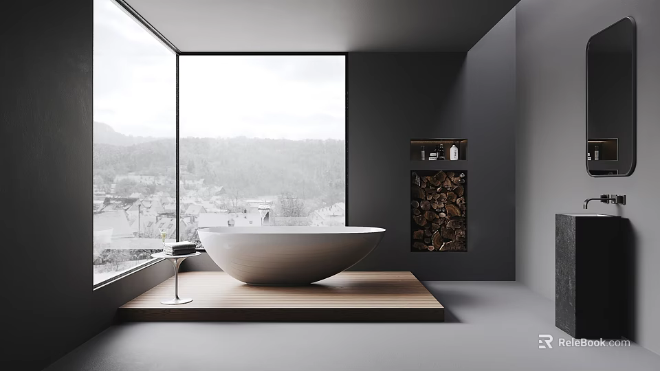 Modern Minimalist Bathroom With Freestanding Bathtub On Wooden Platform And Large Window 3d model 
