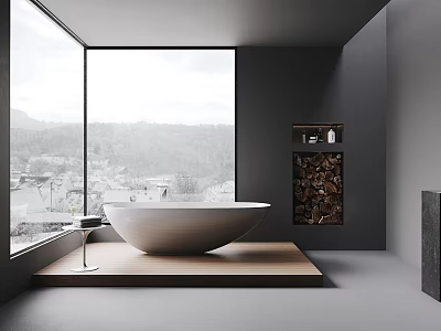 Modern Minimalist Bathroom With Freestanding Bathtub On Wooden Platform And Large Window 3d model