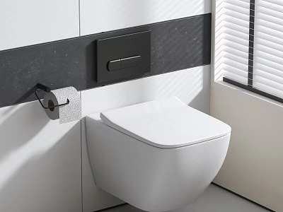 Modern Wall Hung Toilet With Black And White Wall Toilet Paper Holder And Window Blinds 3d model