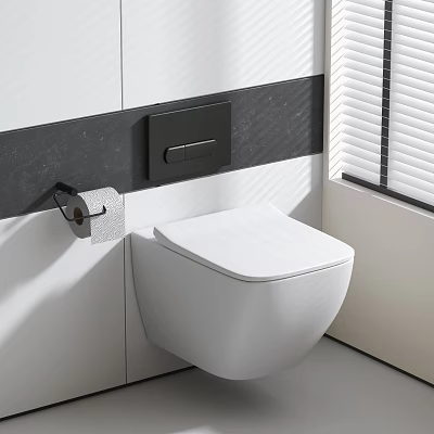 Modern Wall Hung Toilet With Black And White Wall Toilet Paper Holder And Window Blinds 3d model