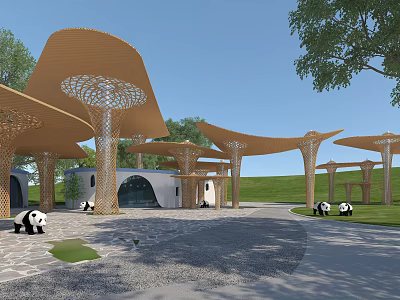 Modern Garden Landscape With Wooden Perforated Canopies Panda Sculptures Green Lawn And Modern Building 3d model