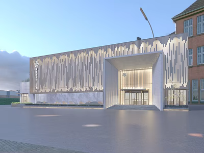 Modern Commercial Storefront Facade With Glass Entrance And Vertical Metal Strip Lighting Design 3d model