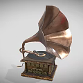 Vintage Electronic Gramophone With Brass Horn Decorative Base And Vinyl Record