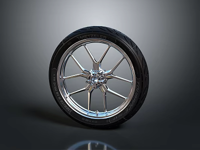 Motorcycle Black Tread Tire With Silver Spoke Wheel Rim And Glossy Reflection 3d model