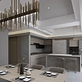 Modern Open Concept Restaurant Kitchen With Marble Island And Hanging Lights