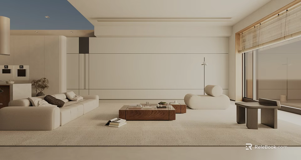 Modern Living Room Interior With Beige Sofa Wooden Coffee Table Neutral Rug And Floor Lamp 3d model 