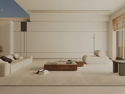 Modern Living Room Interior With Beige Sofa Wooden Coffee Table Neutral Rug And Floor Lamp 3d model