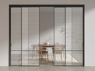 Modern Sliding Doors With Black Frame Grid Design For Dining Area Table Chairs Green Plants 3d model