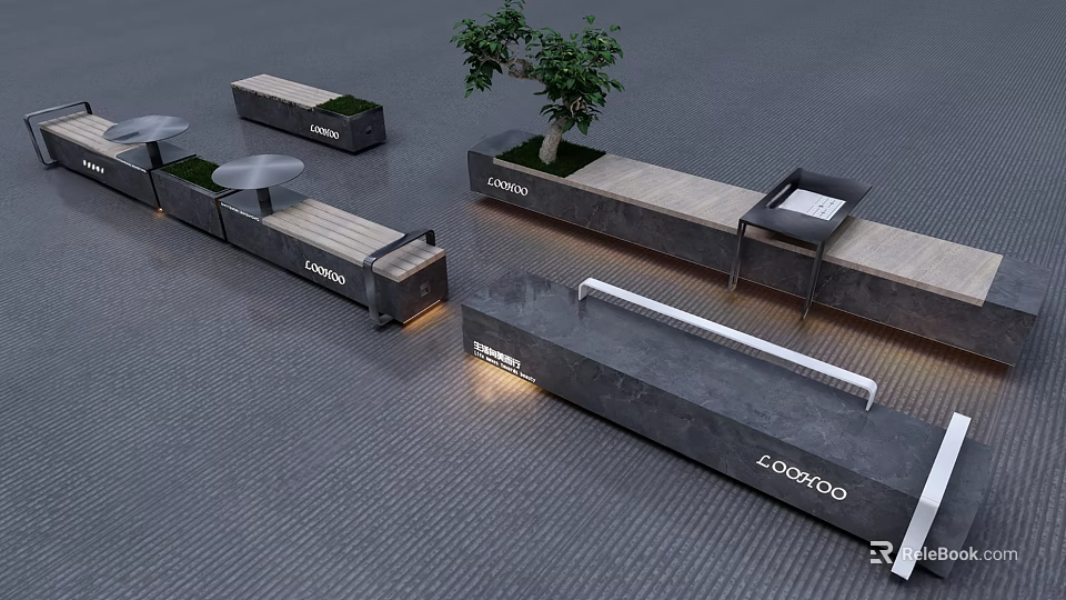 Modern Outdoor Benches With Concrete Design Green Plants Lighting And ECOFOO 3d model 