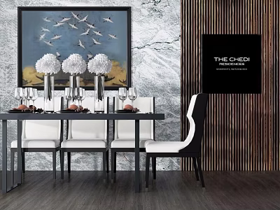 Modern Dining Table Set With White Black Chairs Decorative Flowers And Wall Art 3d model