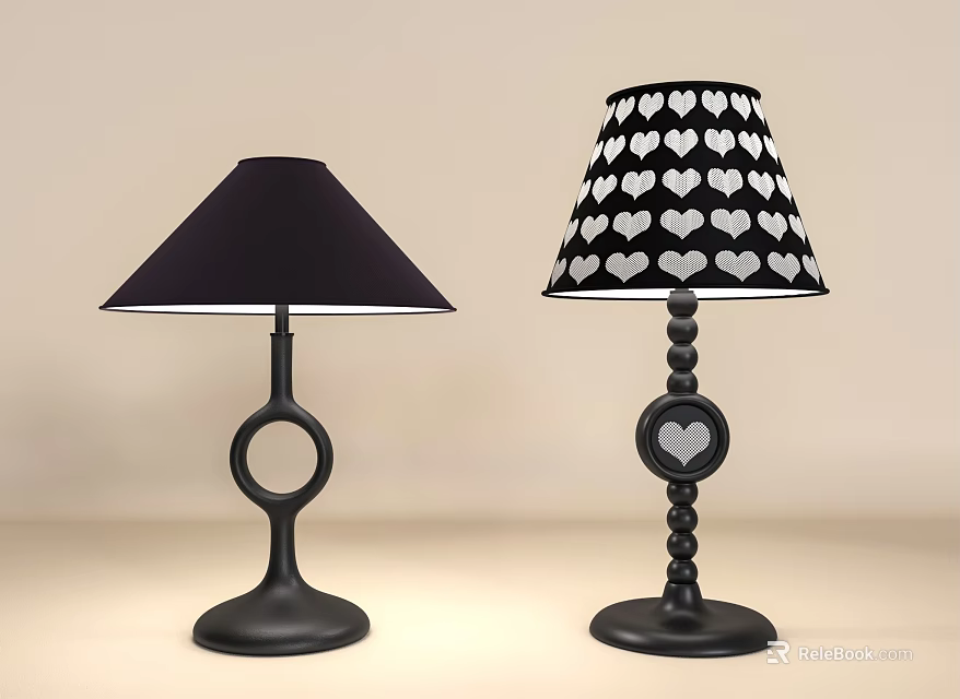 Two Black Table Lamps with Ring Base Spiral Stand and Heart Pattern Shade 3d model