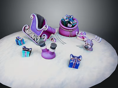 Purple Boot With Gift Bags Boxes And Mouse Figure On Snowy Ground 3d model