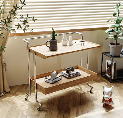 Wooden Side Table with Two-Tier Shelves Rolling Casters Indoor Living Room Decorative Plants And Items 3d model