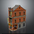 Traditional Three Story Red Brick Building With Gray Roof Windows And Storefront Signs