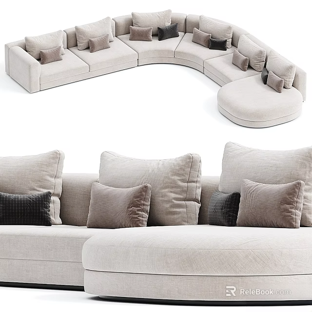 Modern beige double sofa with soft fabric multiple cushions elegant design 3d model 