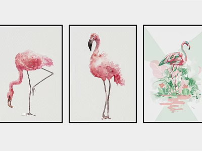 Flamingo Animal Paintings Watercolor Style Three Pieces Different Poses Home Wall Decor 3d model