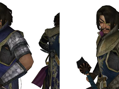 Game Movie Character In Blue And Gold Outfit With Armor Details Holding Weapon Long Hair 3d model