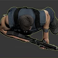 Male Character In Blue Sleeveless Outfit Holding Large Gun With Gray Background