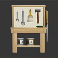Wooden Workbench Setup With Tools Paint Cans Paper And Green Pencil