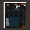 Cozy Bedroom Interior Design With Blue Bedspread Wooden Nightstand Table Lamp Computer Desk And Bookshelf