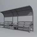 Wooden Outdoor Chairs With Black Armrests At Bus Stop Shelter With White Canopy