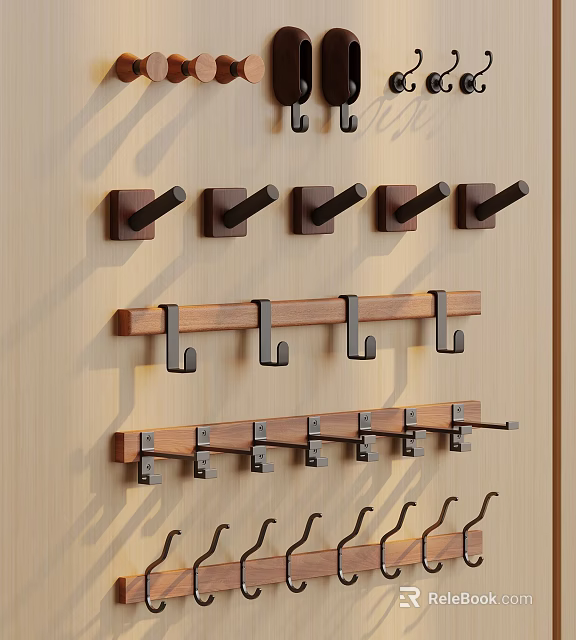 Modern Wall Mounted Hook Racks With Wooden And Metal Design Elements 3d model 