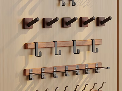 Modern Wall Mounted Hook Racks With Wooden And Metal Design Elements 3d model