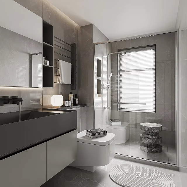 Modern Bathroom Interior Design With Large Mirror Black Vanity Glass Shower And Blinds 3d model 