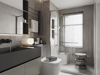Modern Bathroom Interior Design With Large Mirror Black Vanity Glass Shower And Blinds 3d model