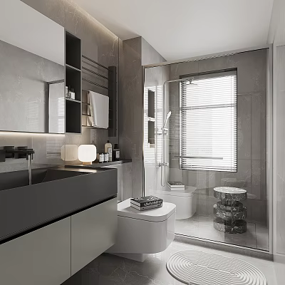 Modern Bathroom Interior Design With Large Mirror Black Vanity Glass Shower And Blinds 3d model