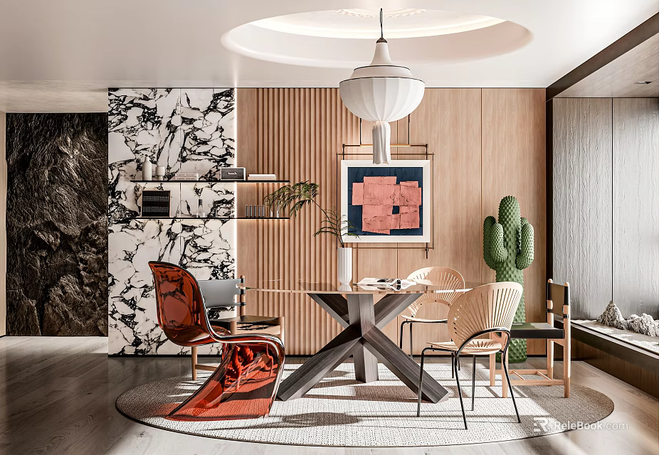 Modern Restaurant Interior With Dining Table Chairs Pendant Light Wooden Walls And Cactus Plant 3d model 