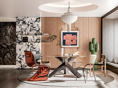 Modern Restaurant Interior With Dining Table Chairs Pendant Light Wooden Walls And Cactus Plant 3d model
