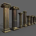 Classical Roman Columns with Ornate Carvings and Various Decorative Capitals in