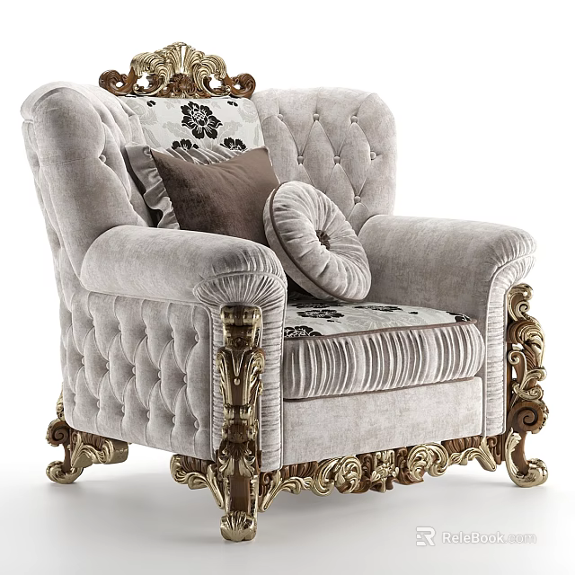Luxury Armchair With Velvet Upholstery Tufted Back Golden Ornate Legs And Decorative Pillows 3d model 