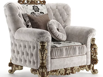 Luxury Armchair With Velvet Upholstery Tufted Back Golden Ornate Legs And Decorative Pillows 3d model