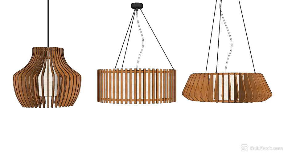 Wooden Pendant Lights With Slatted Design For Modern Interior Decoration 3d model 
